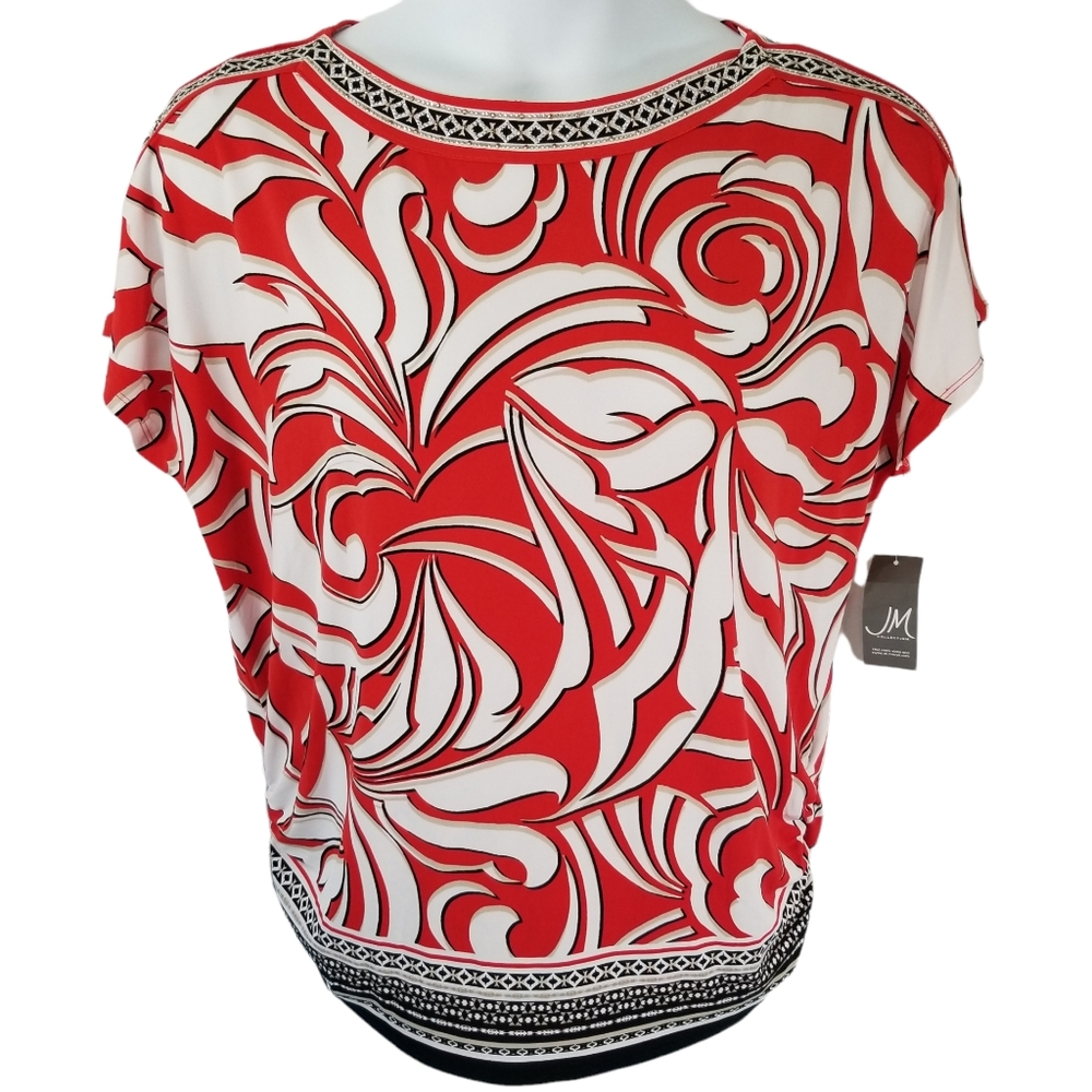 JM Collection Red and White Embellished Dolman Sleeve Top Women's Size Large